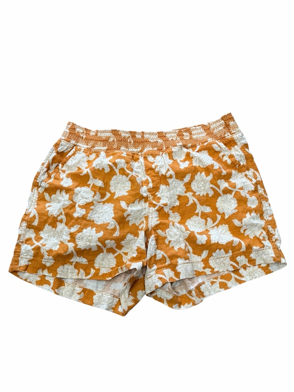 Briggs Large Orange White Floral Pull On Linen Blend Shorts B8